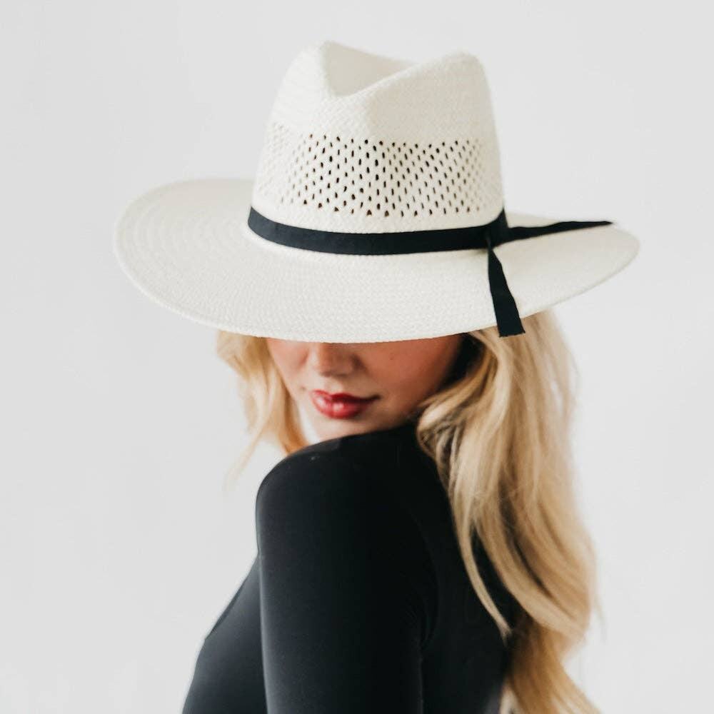 White Straw Fedora Hat with Black Band - Women's Sun Hat